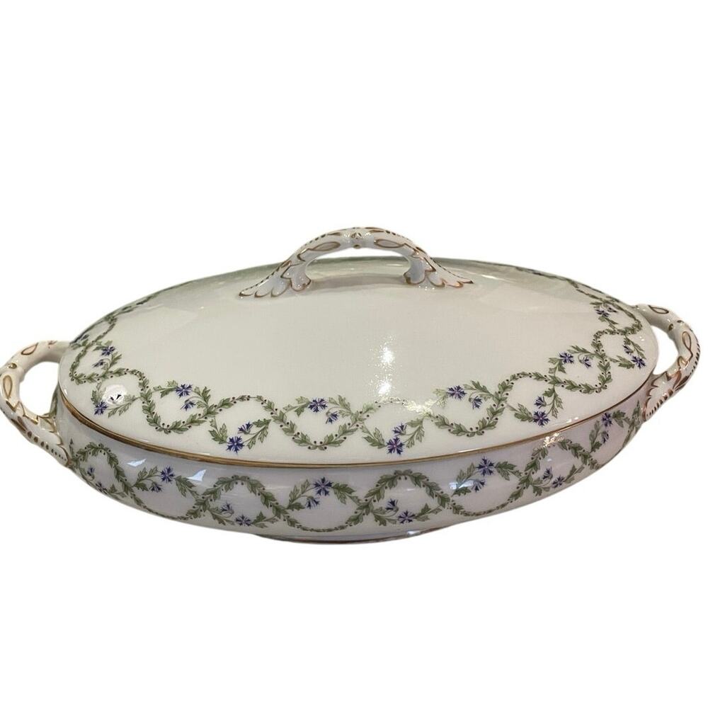 Vtg Limoge France oval vegetable dish green garland blue floral swag gold detail